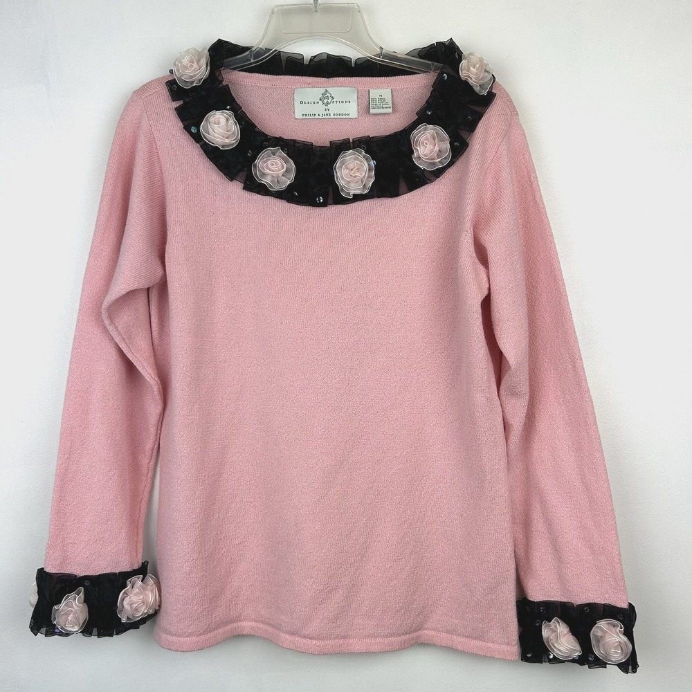 Design Options Sweater Womens Medium Pink Black Sequin Artsy Old Money Read